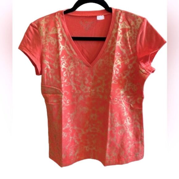 Chico’s Orange & Gold Print Shirt Size Medium - Picture 1 of 8